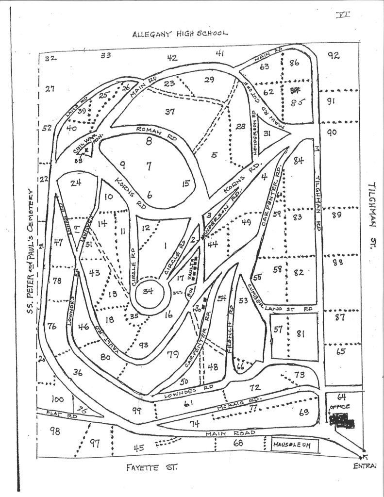 Map of the layout of Rose Hill Cemetery with numbered areas. For a detailed description, contact the office.